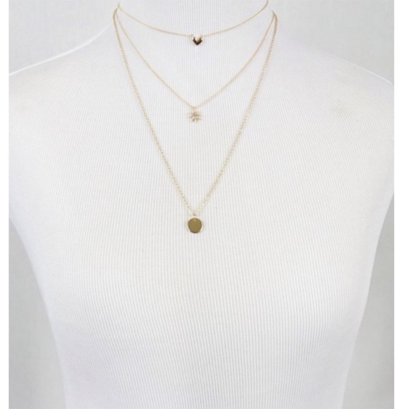 Gold Three Row Star Heart Disk Charm Necklace - Picture 3 of 3